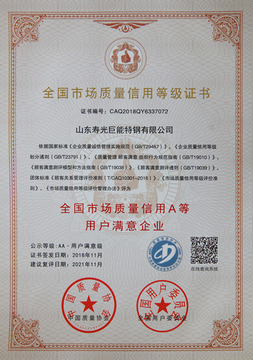 全國市場質量信用A等用戶滿意企業